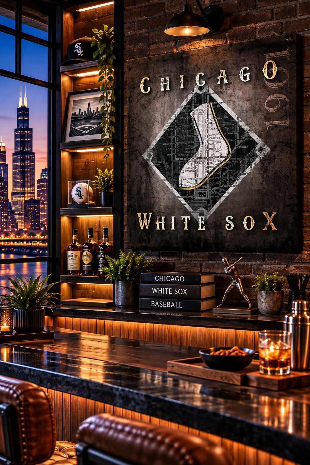 Chicago White Sox Canvas Wall Art | Vintage Chicago City Map & Baseball Diamond Design