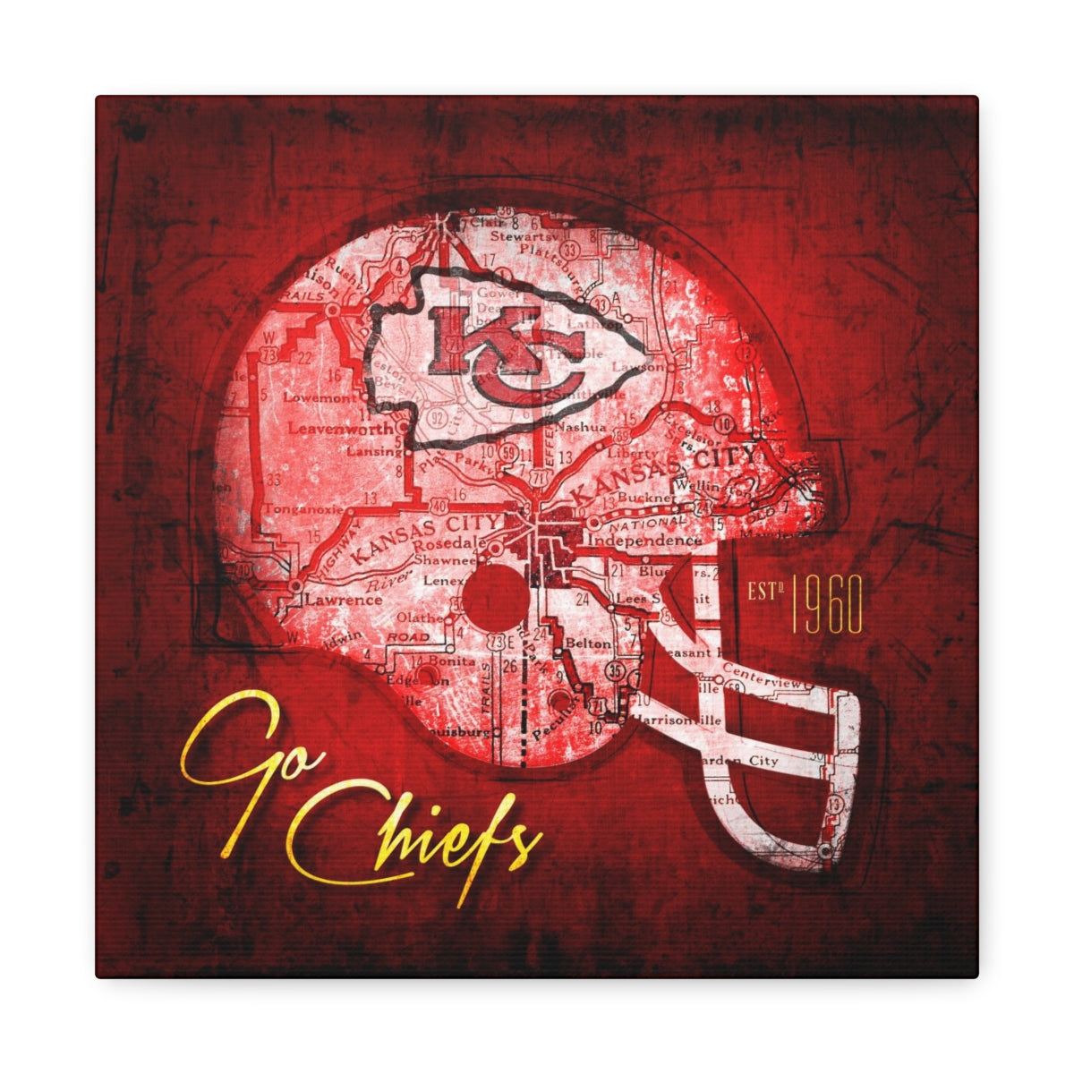 Kansas City Chiefs Vintage Canvas Map  Throwback Helmet – Retro League Art