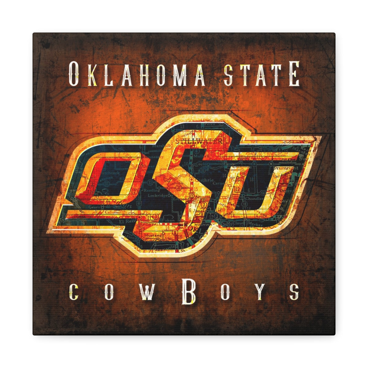 Oklahoma State Cowboys Vintage Canvas Map