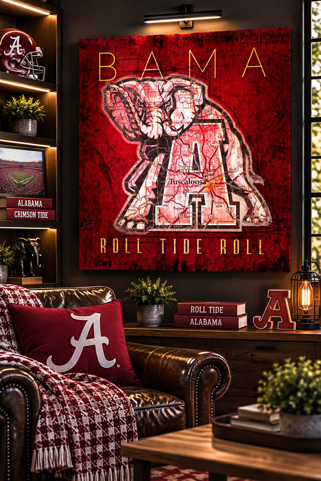 Alabama Crimson Tide Wall Art | Vintage Tuscaloosa Map Elephant Canvas
