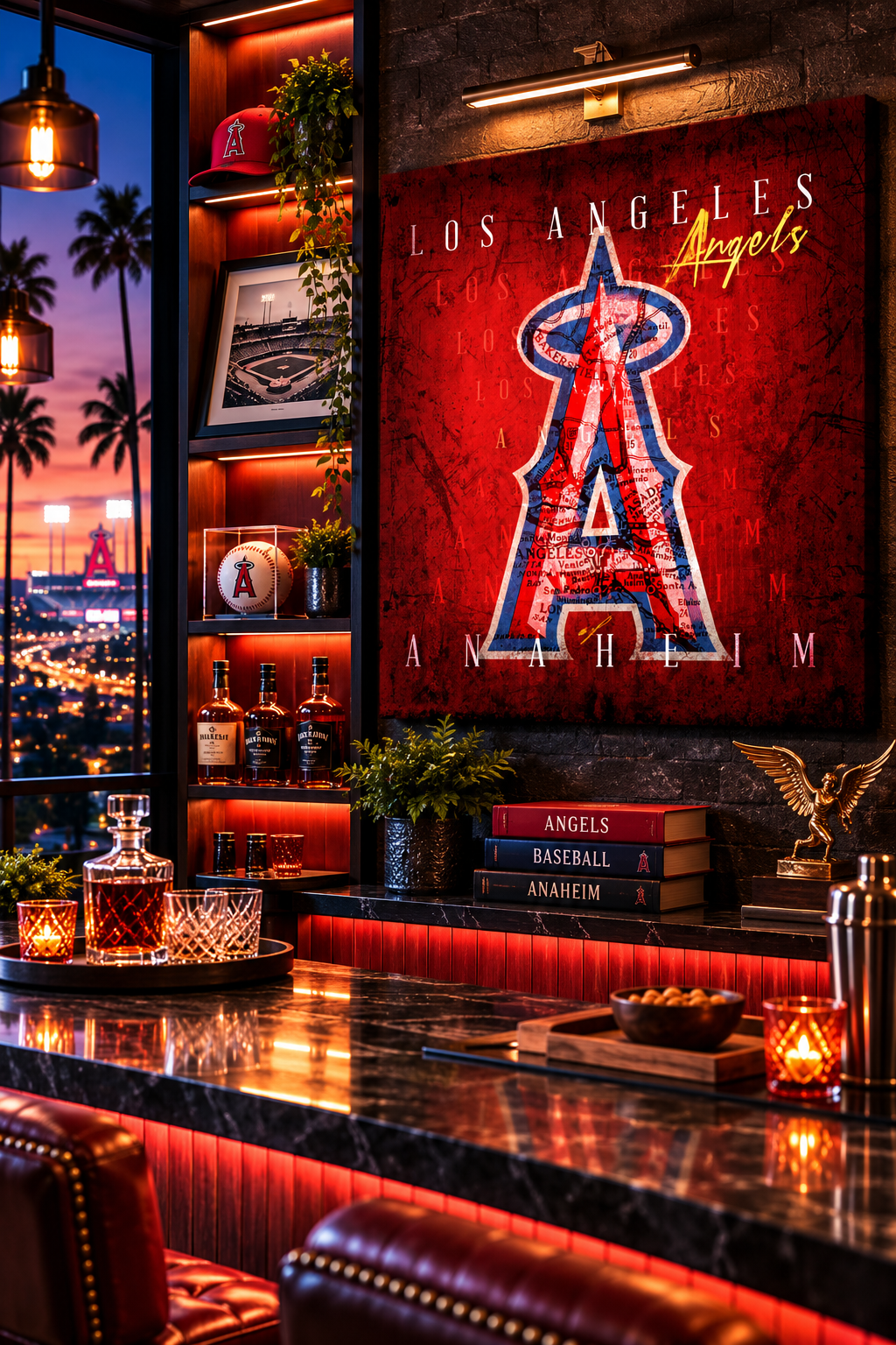 Los Angeles Angels Canvas Wall Art | Vintage Anaheim City Map & Halo A Baseball Design