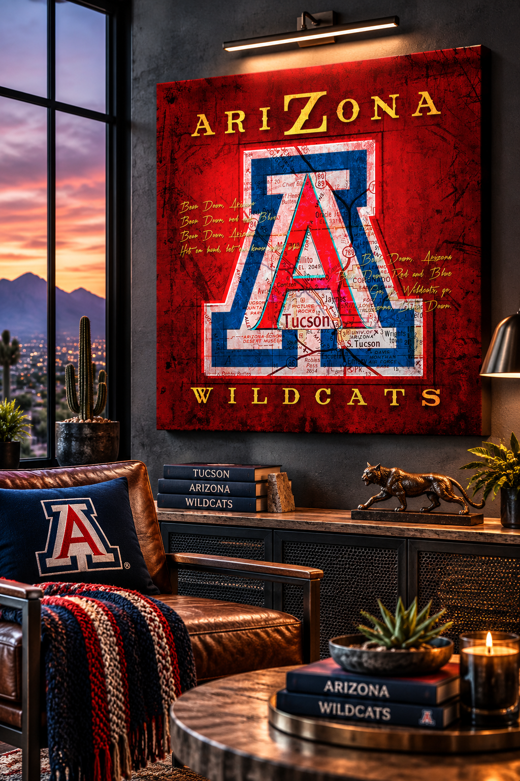 Arizona Wildcats Canvas Wall Art | Vintage Tucson Map & Bear Down Fight Song | University of Arizona Decor