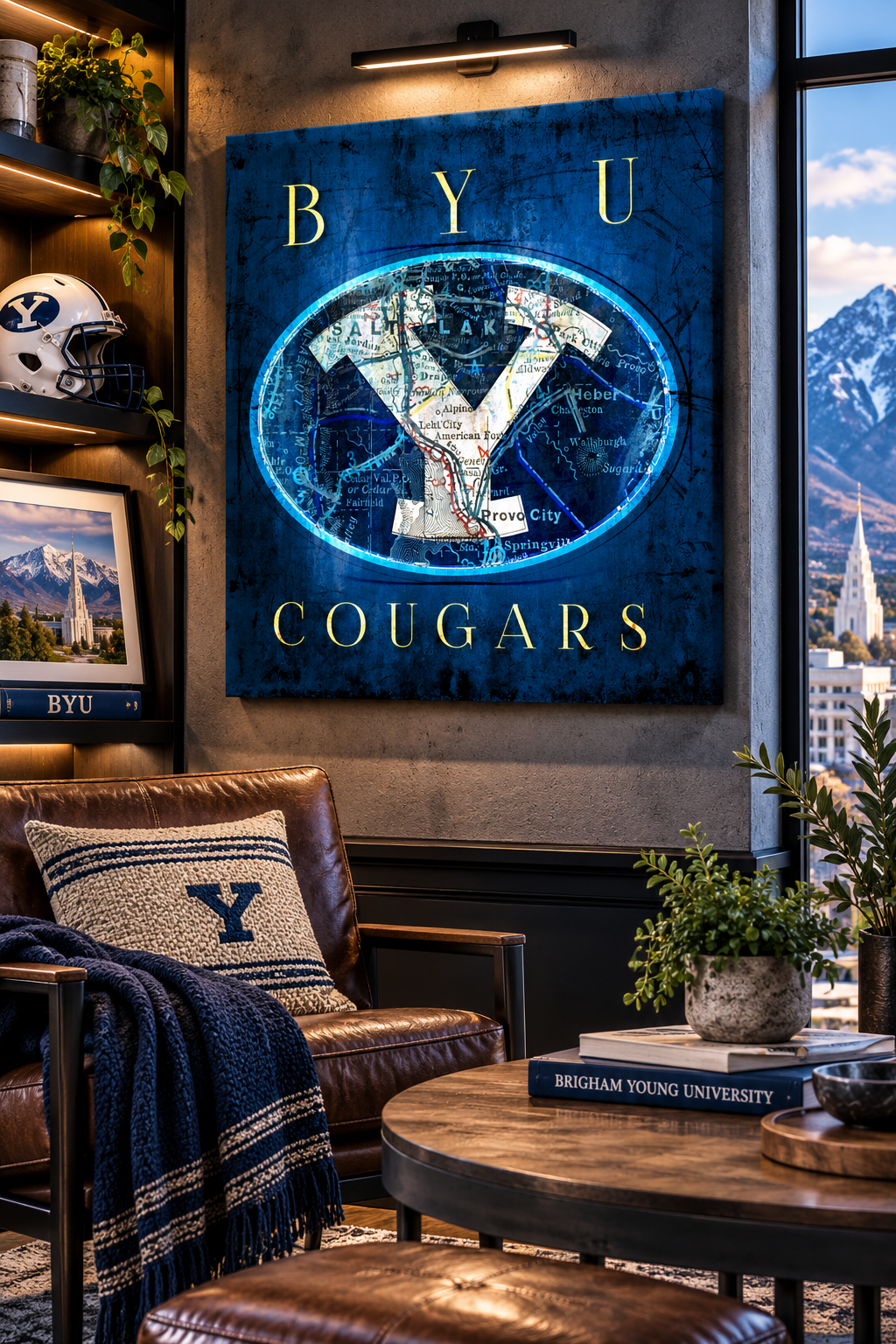 BYU Cougars Canvas Wall Art | Vintage Provo Utah Map & Brigham Young University Football Decor