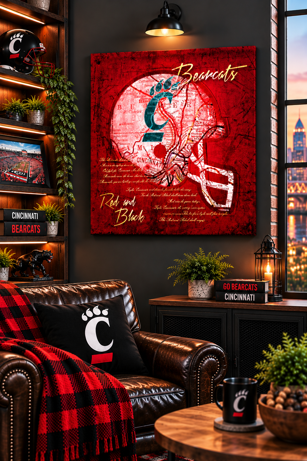 Cincinnati Bearcats Vintage Map Canvas Wall Art | UC Football Fight Song Lyrics | Red & Black College Football Decor