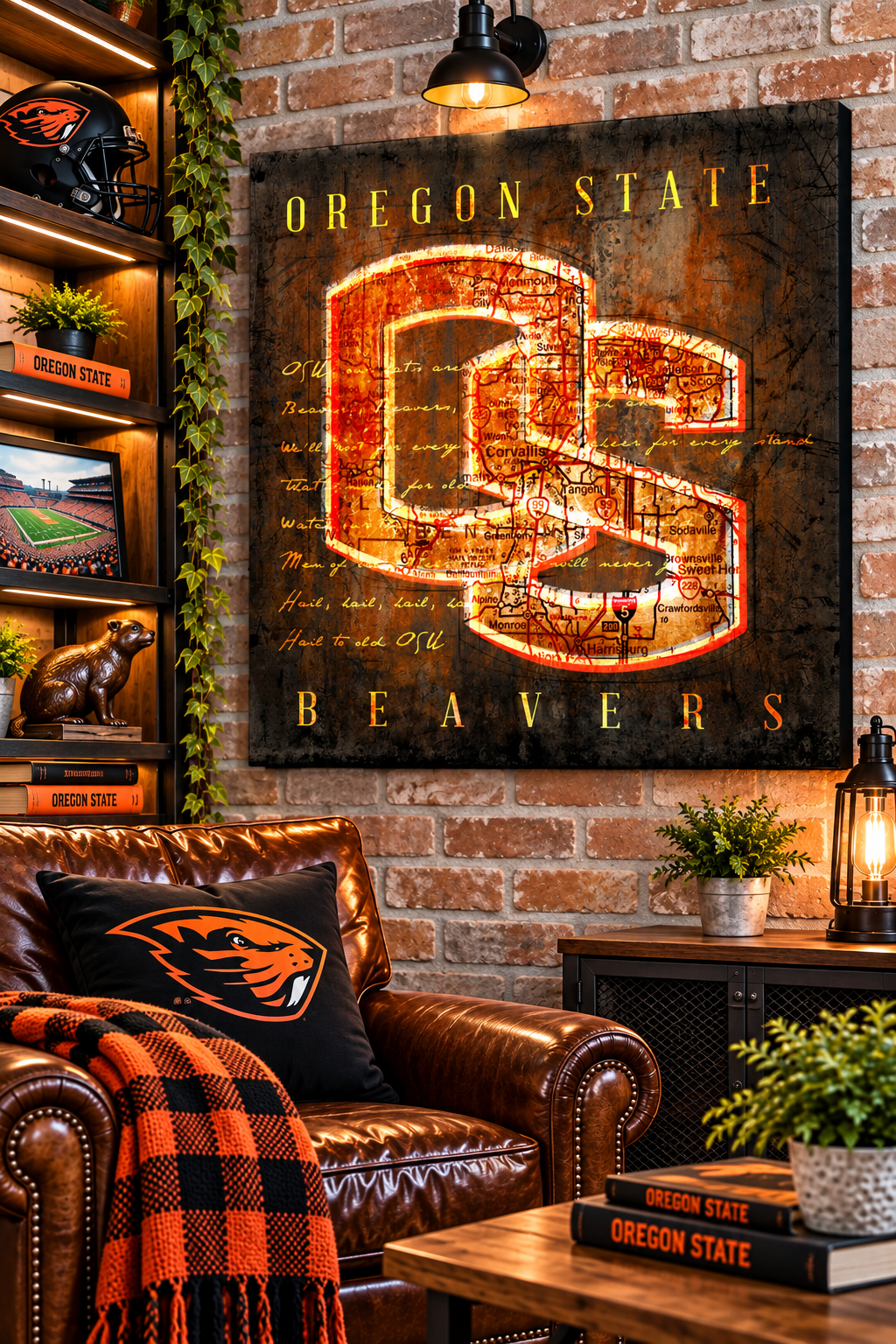 Oregon State Beavers Canvas Wall Art | Vintage Corvallis Map & Fight Song Lyrics | OSU Football Decor