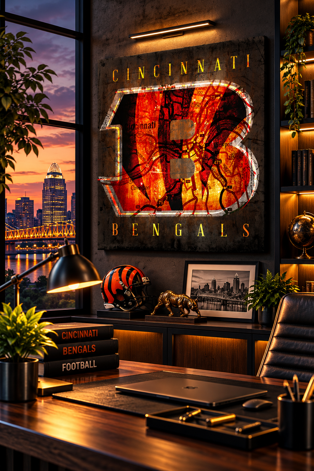 Cincinnati Bengals Canvas Wall Art | Vintage Cincinnati City Map | Football Man Cave Decor