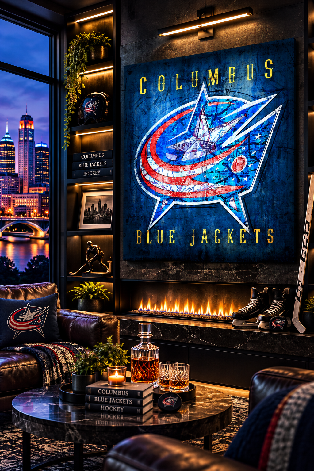 Columbus Blue Jackets Canvas Wall Art | Vintage Columbus Ohio City Map, Hockey Logo & Man Cave Decor