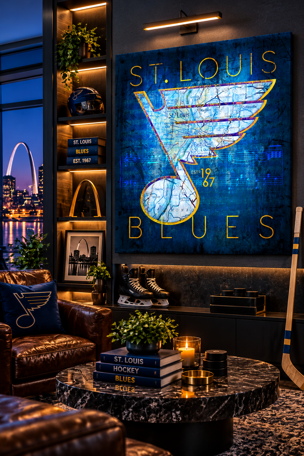 St. Louis Blues Canvas Wall Art | Vintage St. Louis City Map, Blue Note Logo & Hockey Decor