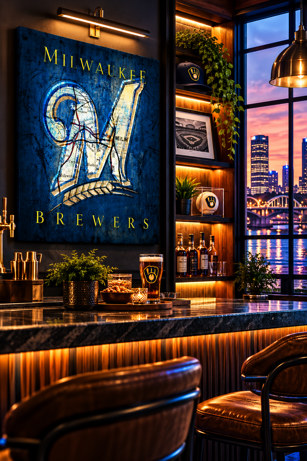 Milwaukee Brewers Canvas Wall Art | Vintage Milwaukee City Map & Ball-in-Glove Baseball Design