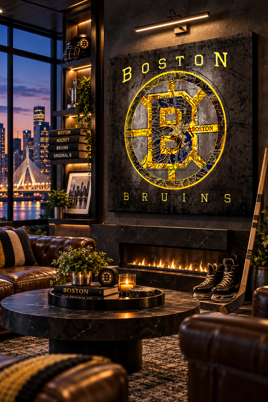 Boston Bruins Canvas Wall Art | Vintage Boston City Map, Spoked B Logo & Original Six Hockey Decor