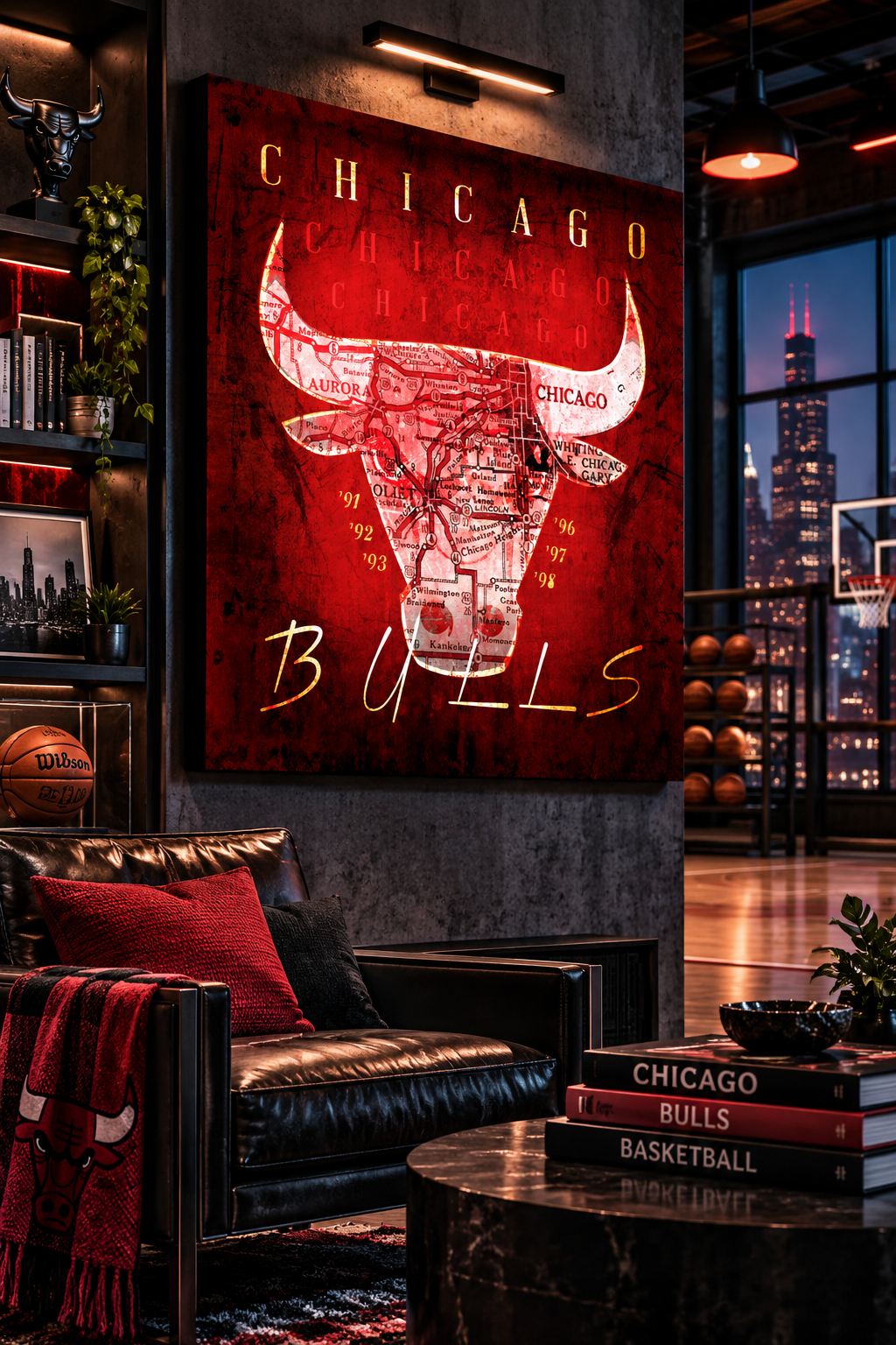 Chicago Bulls Canvas Wall Art | Vintage Chicago City Map Basketball Decor