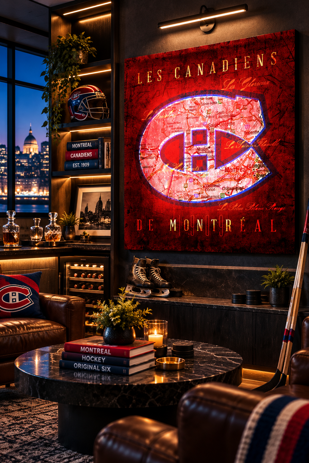 Montreal Canadiens Canvas Wall Art | Vintage Montreal City Map, CH Logo & Original Six Hockey Decor