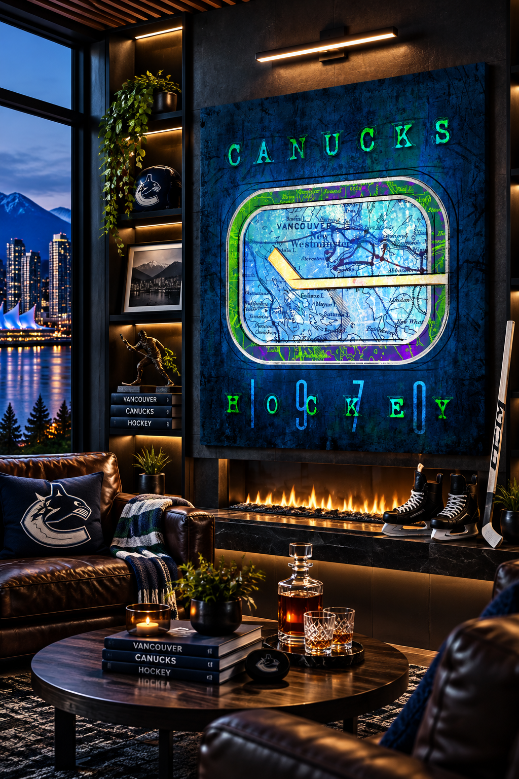 Vancouver Canucks Canvas Wall Art | Vintage Vancouver City Map, Retro Stick-in-Rink Logo & Hockey Decor