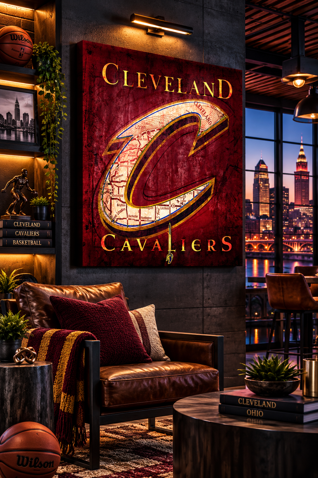 Cleveland Cavaliers Canvas Wall Art | Vintage Cleveland City Map | Basketball Man Cave Decor