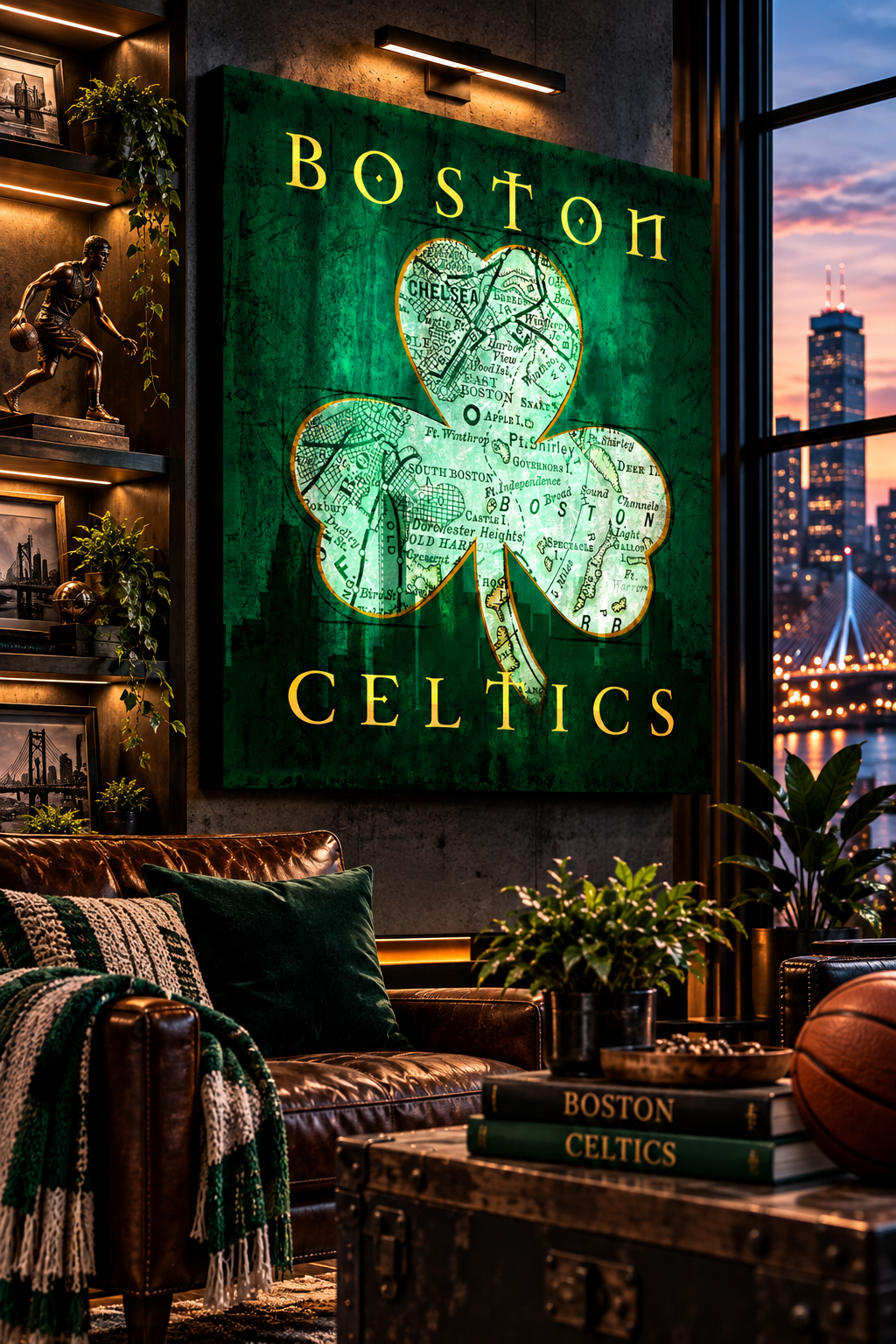 Boston Celtics Canvas Wall Art | Vintage Boston City Map | Basketball Man Cave Decor