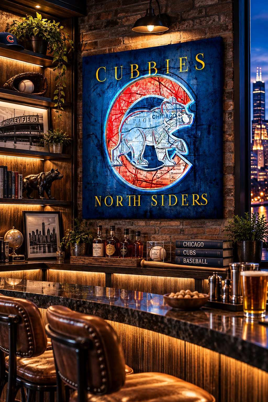 Chicago Cubs North Siders Canvas Wall Art | Vintage Chicago Map & Walking Bear Design