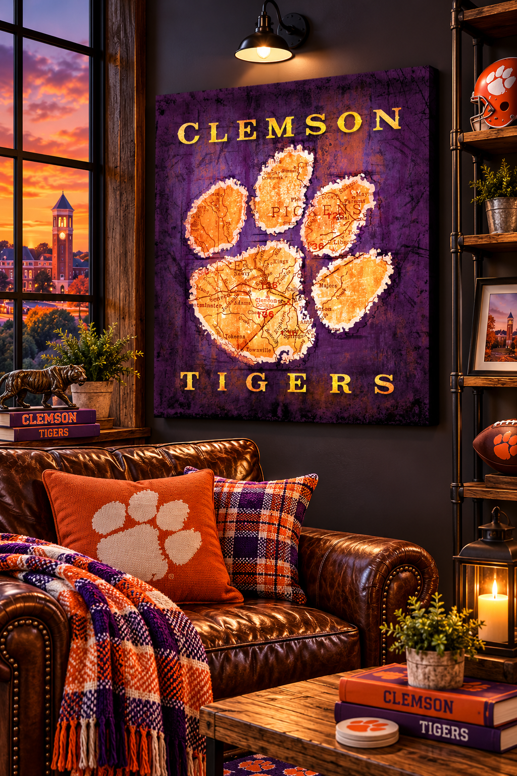 Clemson Tigers Canvas Wall Art | Vintage Clemson Map & Tiger Paw Football Decor