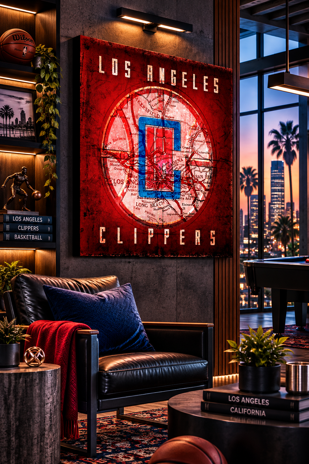 Los Angeles Clippers Canvas Wall Art | Vintage LA City Map | Basketball Man Cave Decor