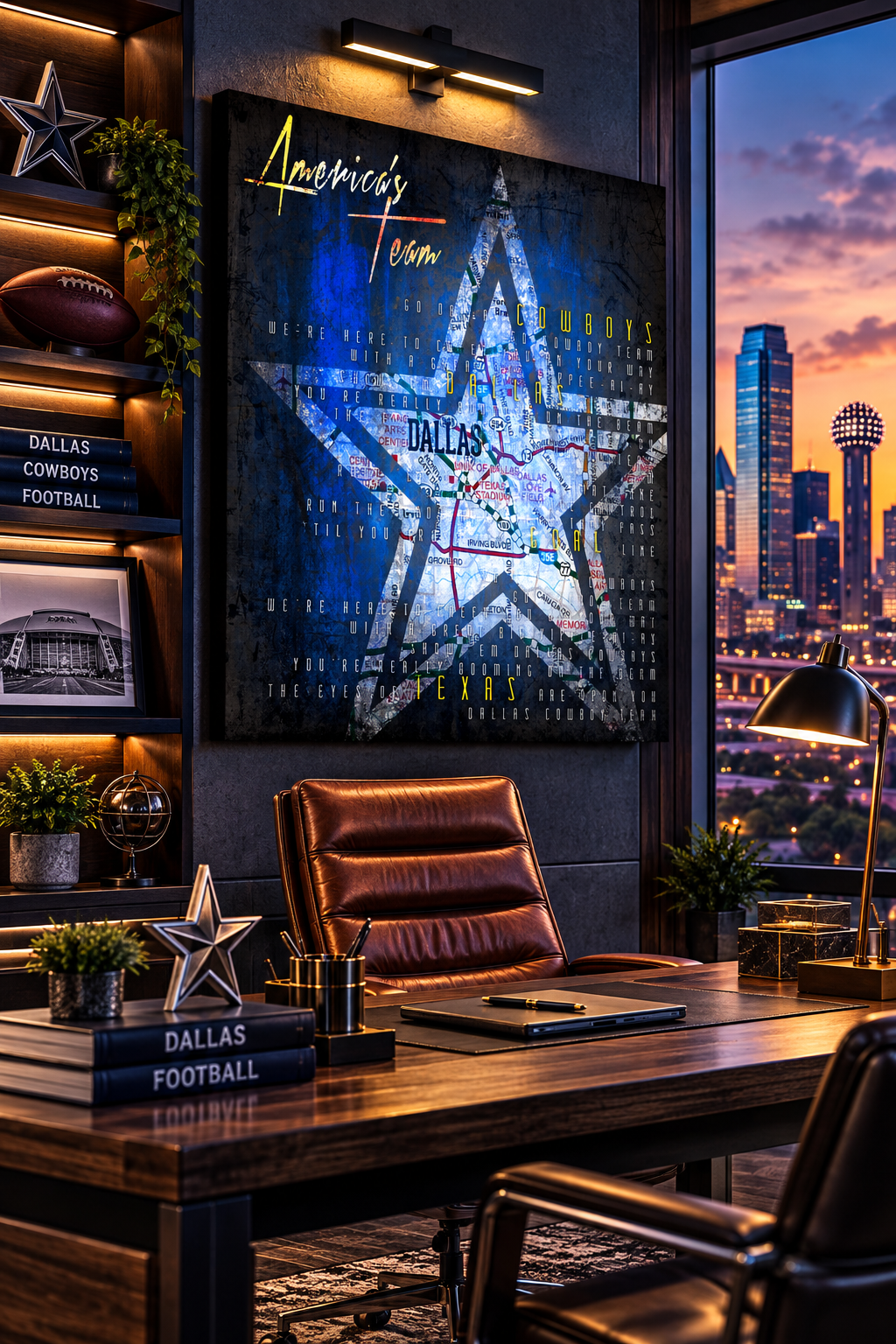 Dallas Cowboys Wall Art | Vintage Dallas City Map Football Star Canvas with Fight Song Lyrics