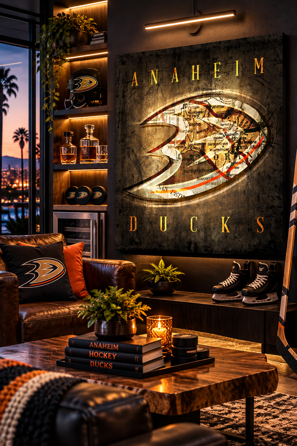 Anaheim Ducks Canvas Wall Art | Vintage Anaheim City Map, Ducks Logo & Hockey Decor