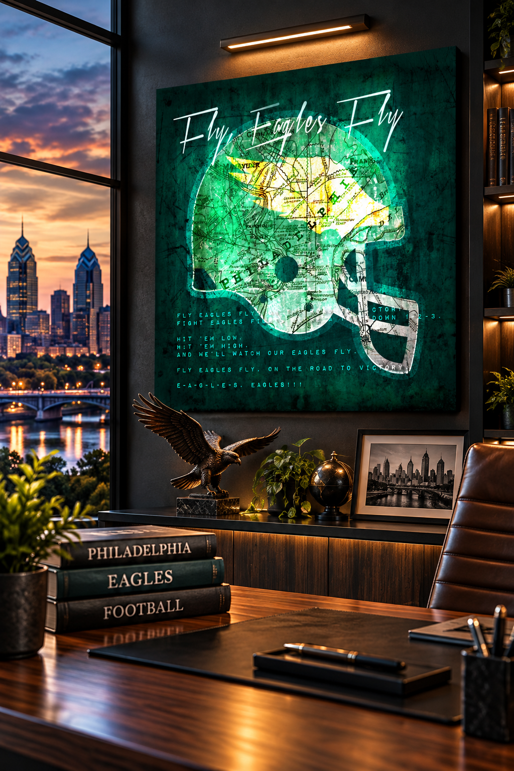 Philadelphia Eagles Wall Art | Vintage Philadelphia City Map Football Helmet Canvas with Fly Eagles Fly Fight Song Lyrics