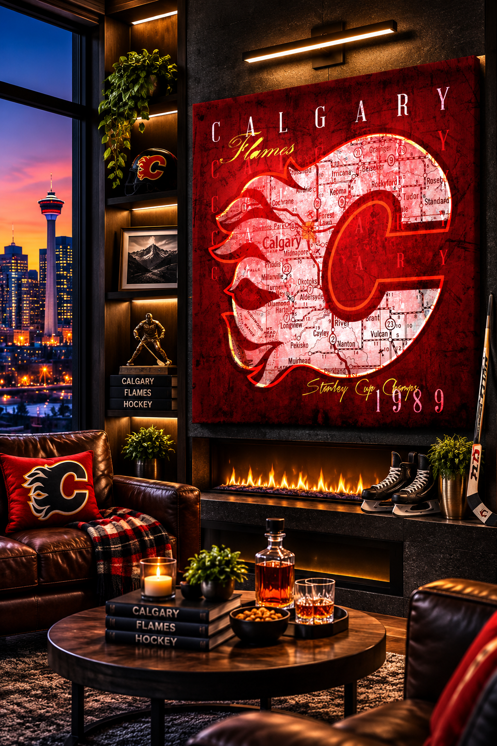 Calgary Flames Canvas Wall Art | Vintage Calgary City Map, Flaming C Logo & Hockey Decor