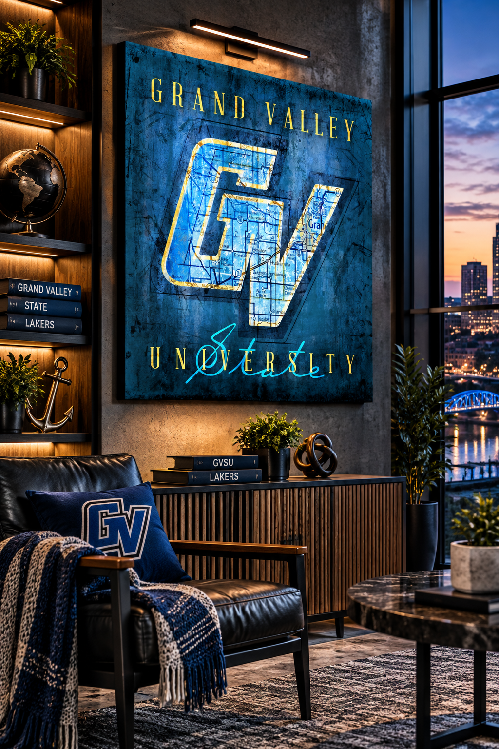 Grand Valley State Lakers Canvas Wall Art | Vintage Grand Rapids Michigan Map & GV Logo Design