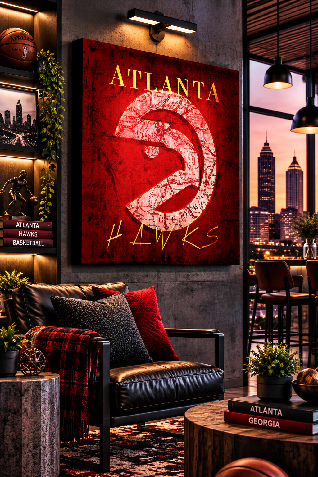 Atlanta Hawks Canvas Wall Art | Vintage Atlanta City Map | Basketball Man Cave Decor