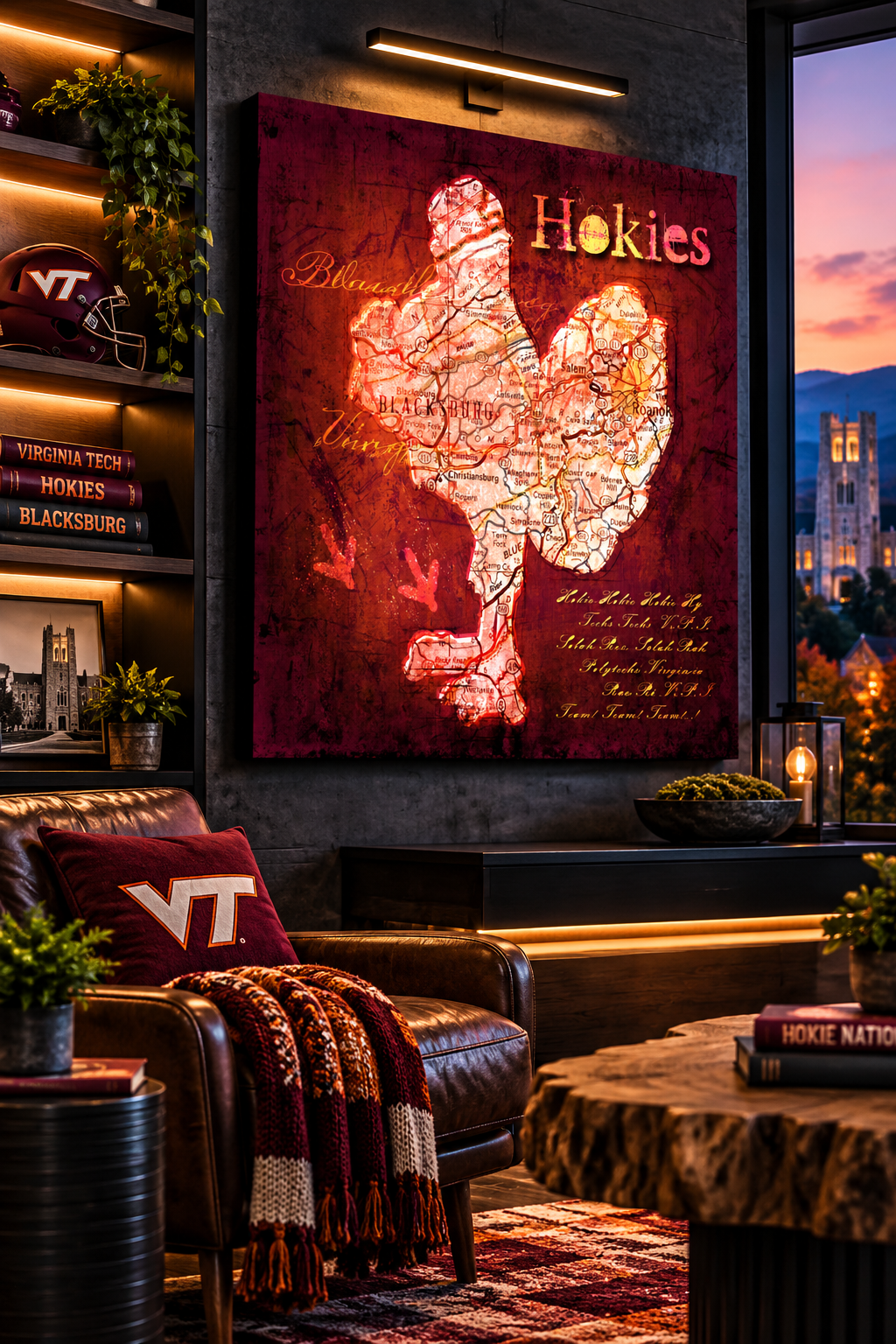 Virginia Tech Hokies Canvas Wall Art | Vintage Blacksburg Map & Hokie Fight Song