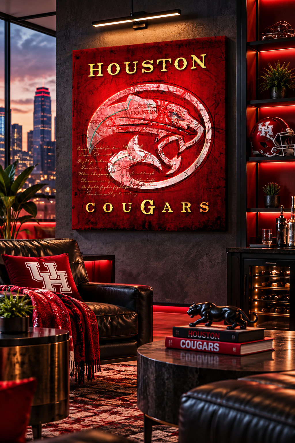 Houston Cougars Canvas Wall Art | Vintage Houston Map & Fight Song Lyrics