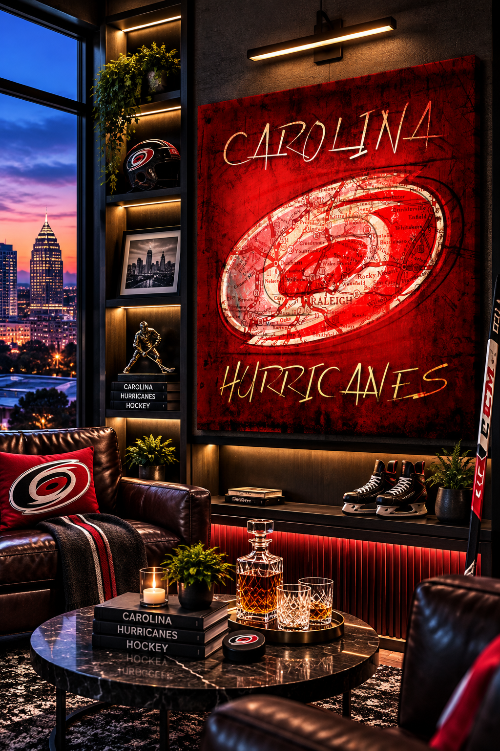 Carolina Hurricanes Canvas Wall Art | Vintage Raleigh North Carolina Map, Hurricanes Logo & Hockey Decor