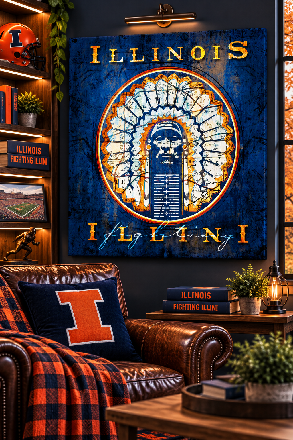 Illinois Fighting Illini Wall Art | Vintage Illinois Map Canvas