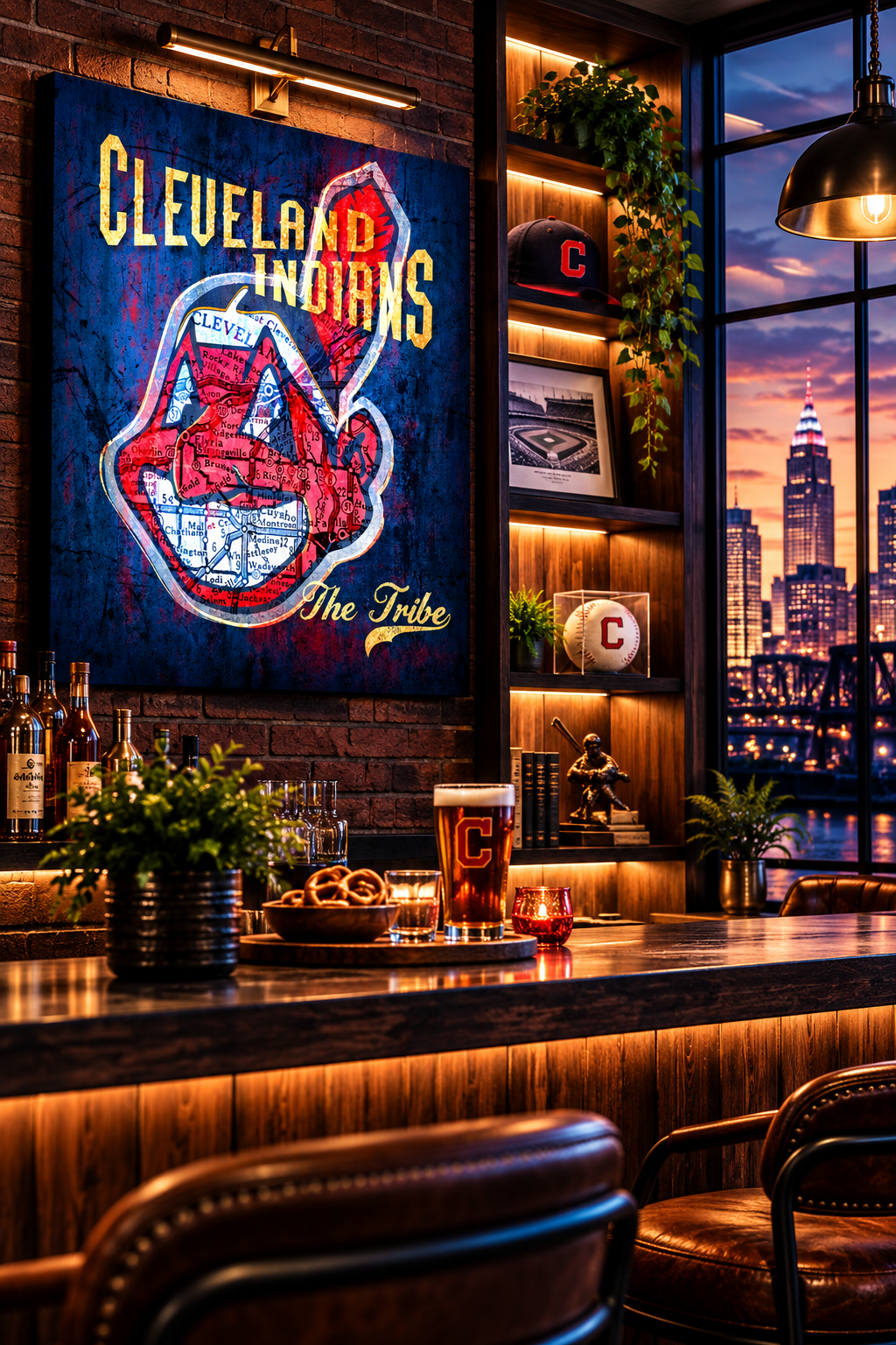 Cleveland Indians Canvas Wall Art | Vintage Cleveland City Map, Retro Baseball Logo & The Tribe Design