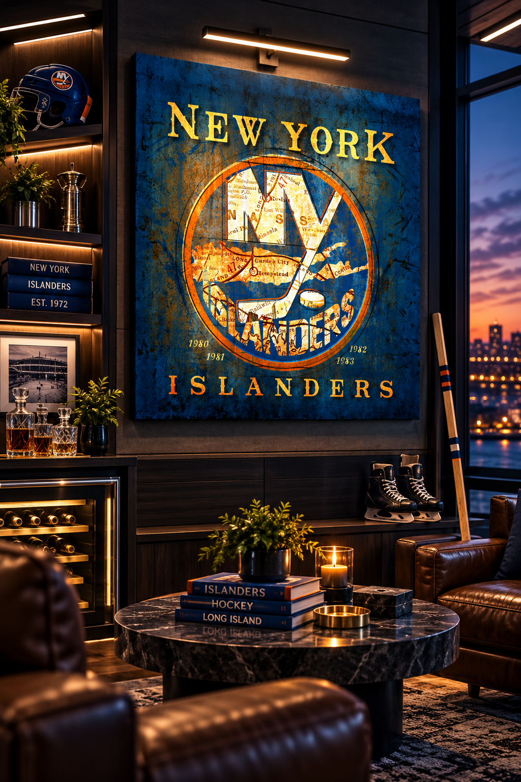 New York Islanders Canvas Wall Art | Vintage Long Island City Map, NY Islanders Logo & Hockey Decor