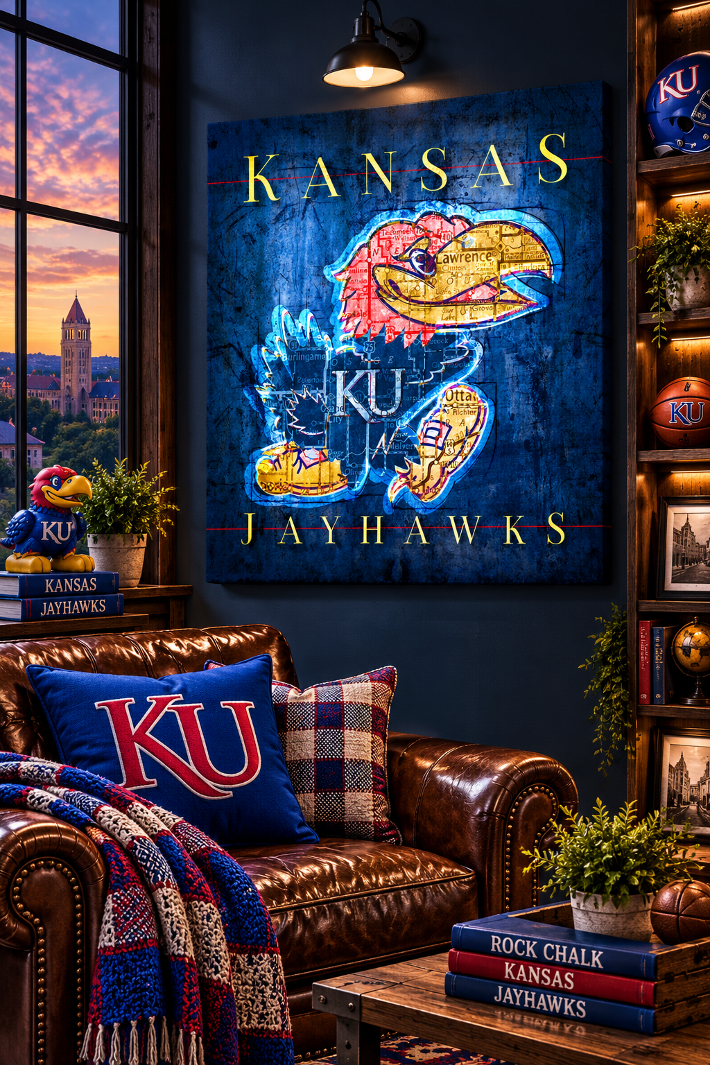 Kansas Jayhawks Canvas Wall Art | Vintage Lawrence Map & KU Basketball Decor