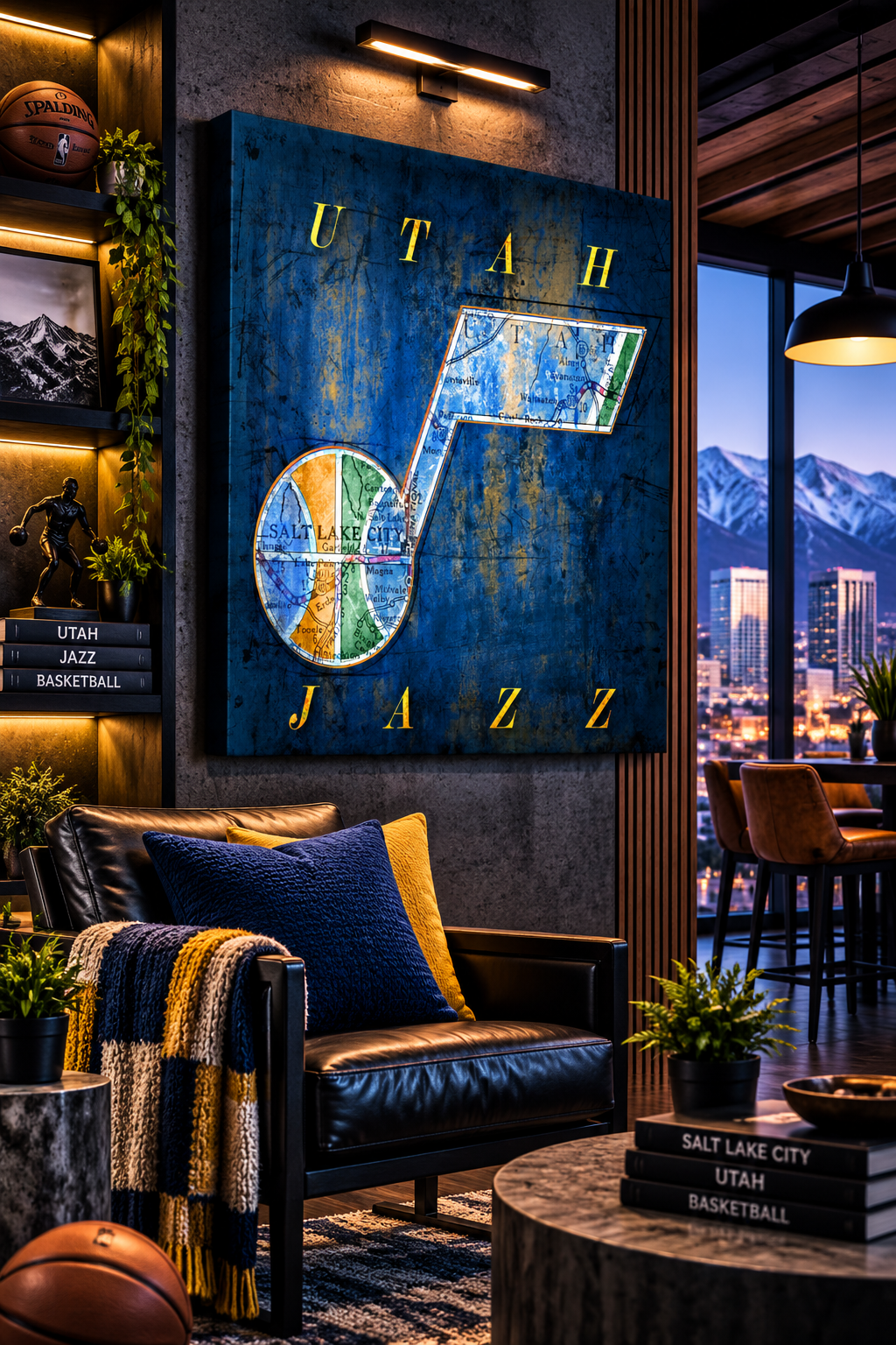 Utah Jazz Canvas Wall Art | Vintage Salt Lake City Map | Basketball Man Cave Decor