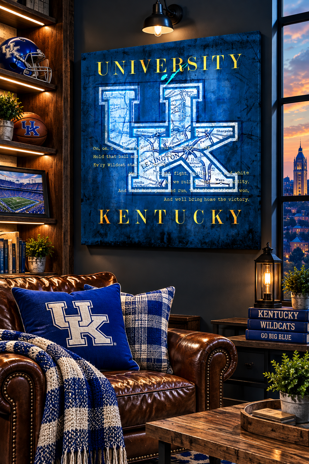 Kentucky Wildcats Canvas Wall Art | Vintage Lexington Map & Fight Song Lyrics | UK Football Decor