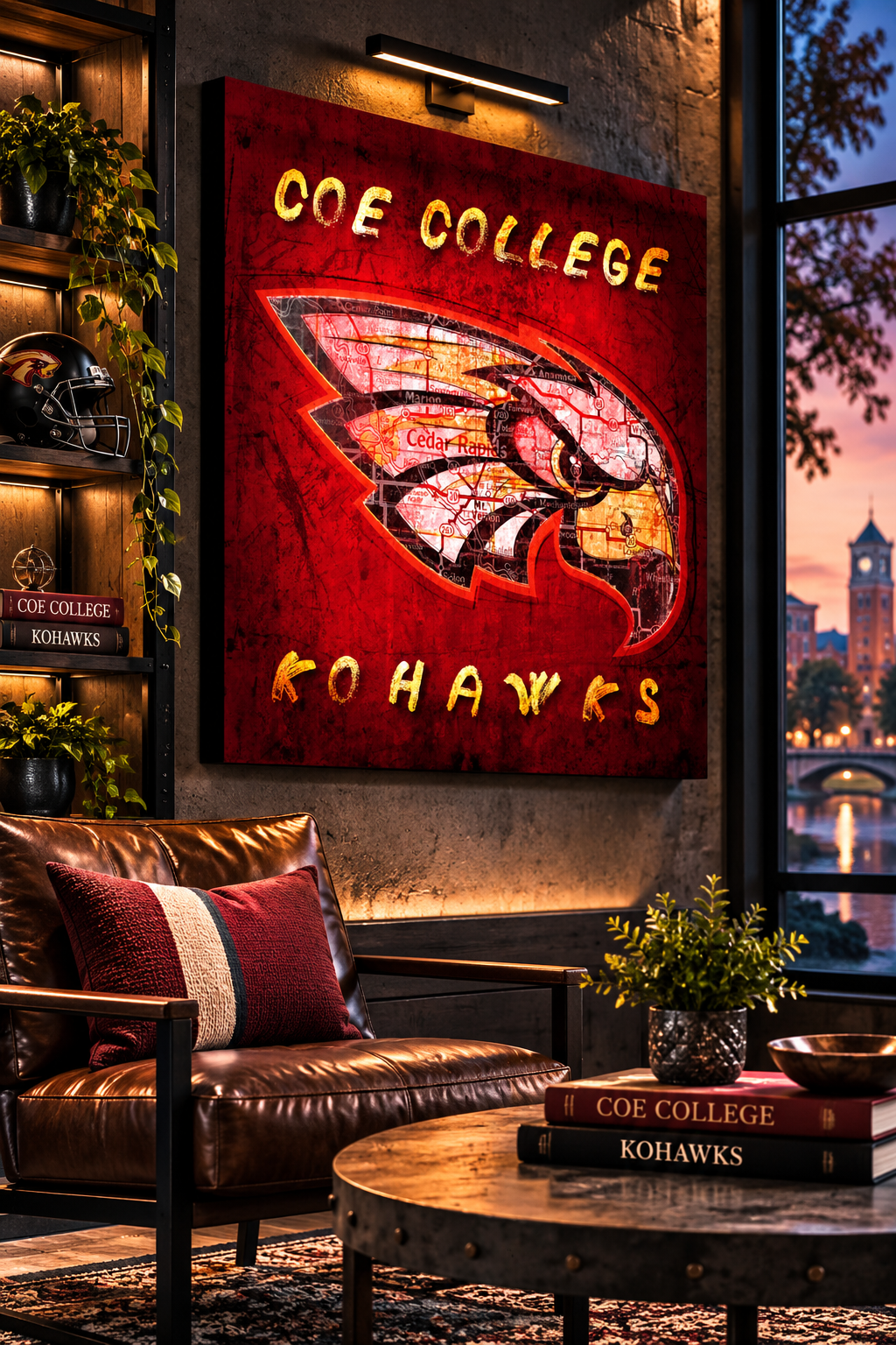 Coe College Kohawks Canvas Wall Art | Vintage Cedar Rapids Iowa Map & Kohawk Design