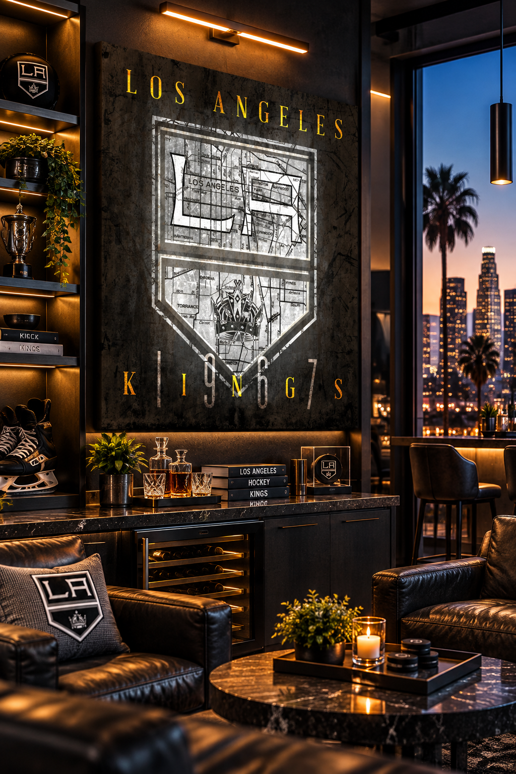 Los Angeles Kings Canvas Wall Art | Vintage LA City Map, Kings Shield Logo & Hockey Decor