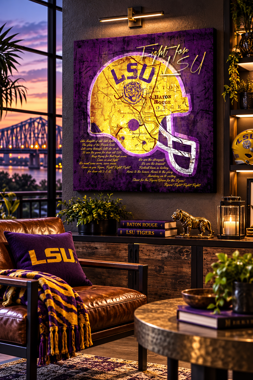 LSU Tigers Football Canvas Wall Art | Vintage Baton Rouge Map & Fight for LSU Song Lyrics