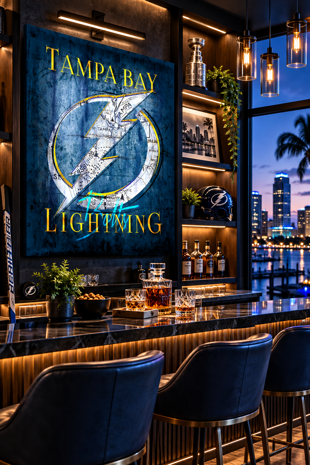 Tampa Bay Lightning Canvas Wall Art | Vintage Tampa City Map, Lightning Bolt Logo & Hockey Decor