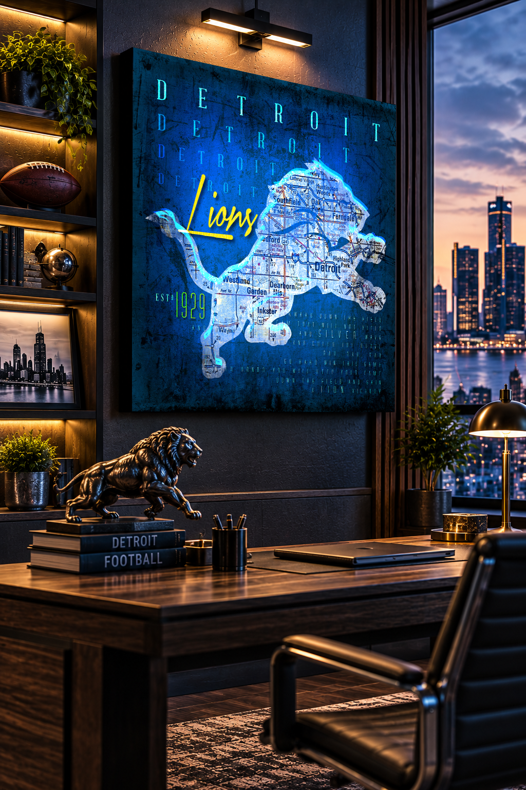Detroit Lions Wall Art | Vintage Detroit City Map Lion Canvas with Fight Song Lyrics | Football Decor