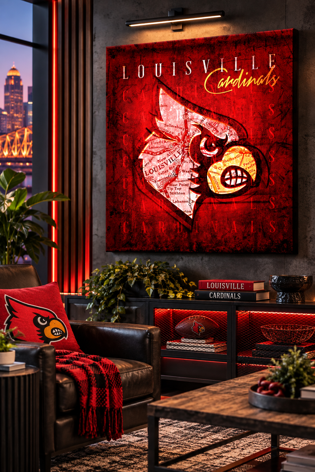 Louisville Cardinals Canvas Wall Art | Vintage Louisville City Map & Cardinal Head Decor