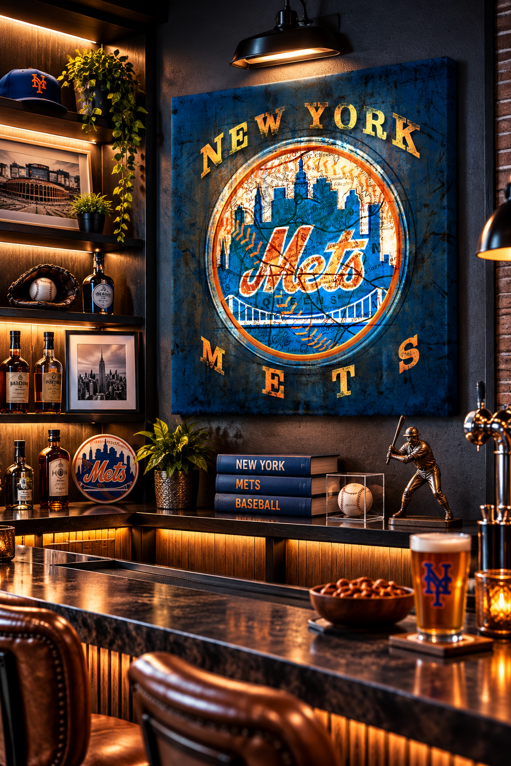 New York Mets Canvas Wall Art | Vintage NYC City Map, Classic Mets Logo & Baseball Design
