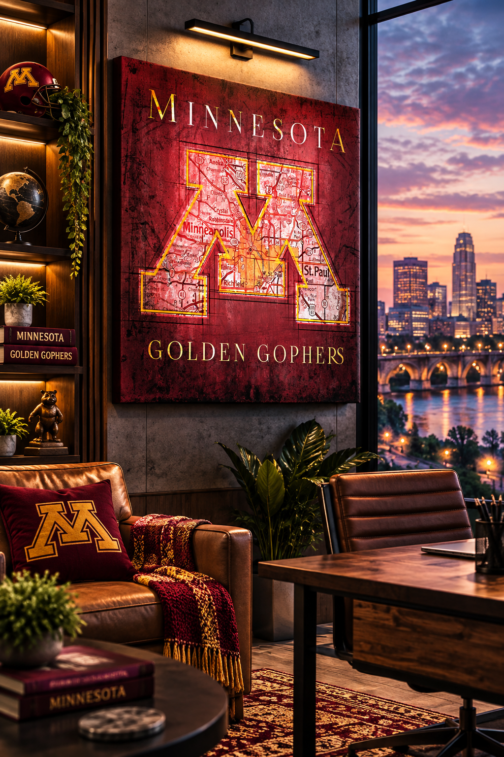 Minnesota Golden Gophers Canvas Wall Art | Vintage Minneapolis St. Paul Map & Block M