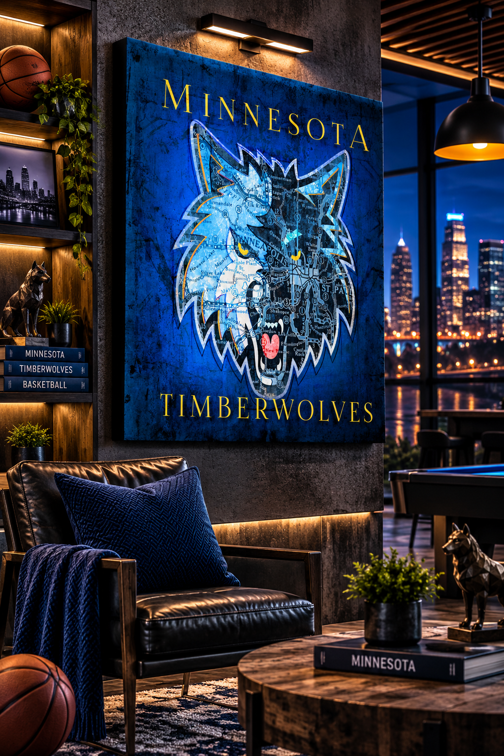 Minnesota Timberwolves Canvas Wall Art | Vintage Minneapolis City Map | Basketball Decor