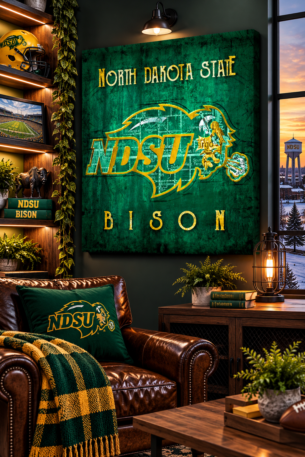 North Dakota State Bison Canvas Wall Art | Vintage Fargo Map & NDSU Football Decor