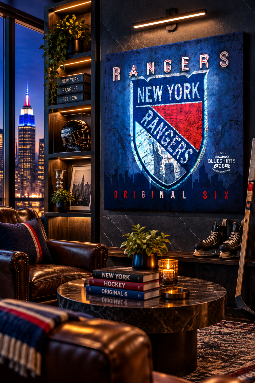 New York Rangers Canvas Wall Art | Vintage NYC City Map, Rangers Shield Logo & Original Six Hockey Decor