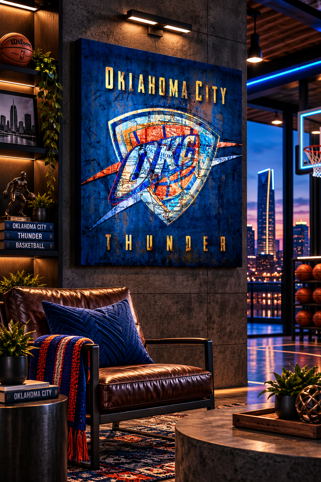 Oklahoma City Thunder Canvas Wall Art | Vintage OKC City Map | Basketball Man Cave Decor
