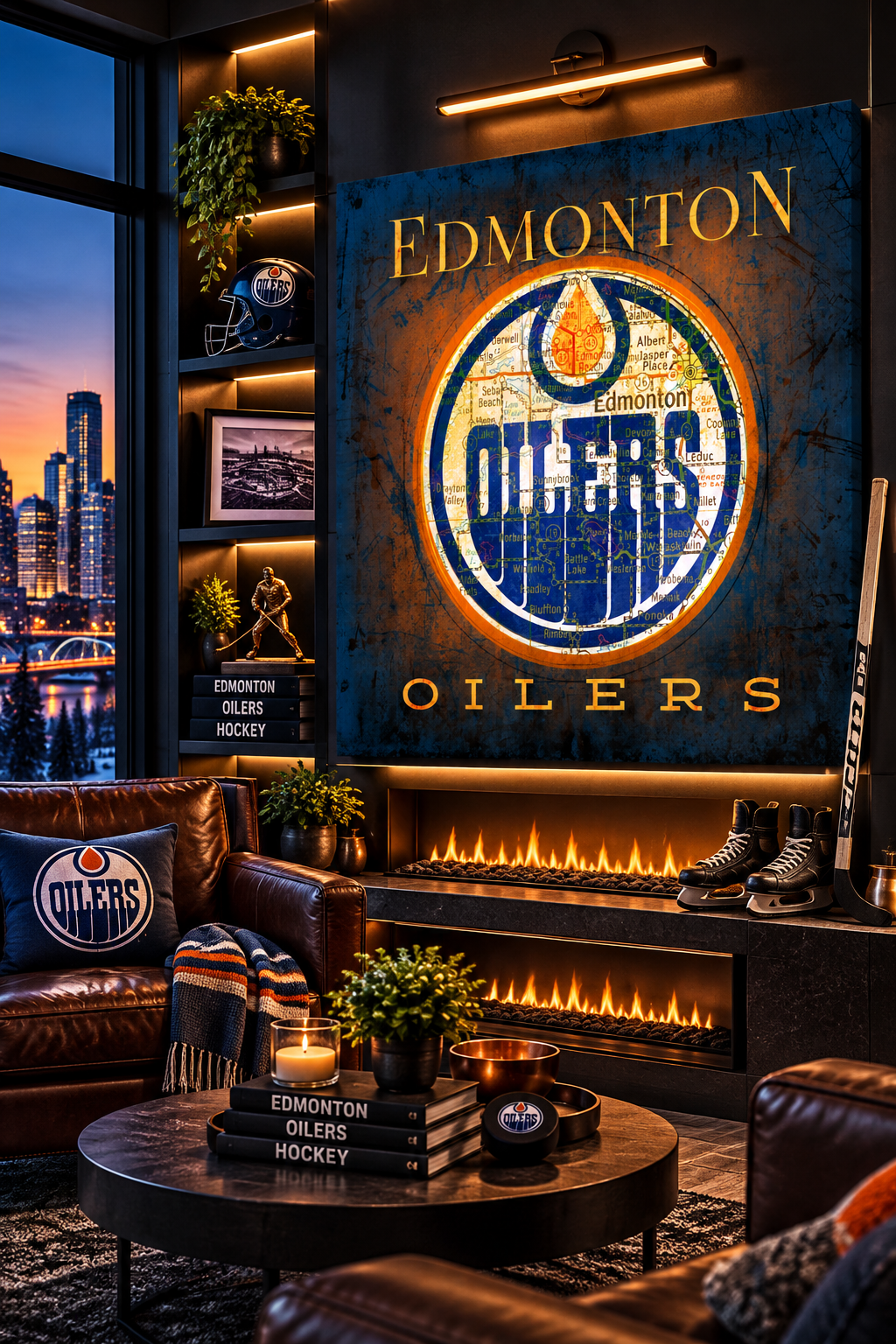 Edmonton Oilers Canvas Wall Art | Vintage Edmonton City Map, Oilers Logo & Hockey Decor